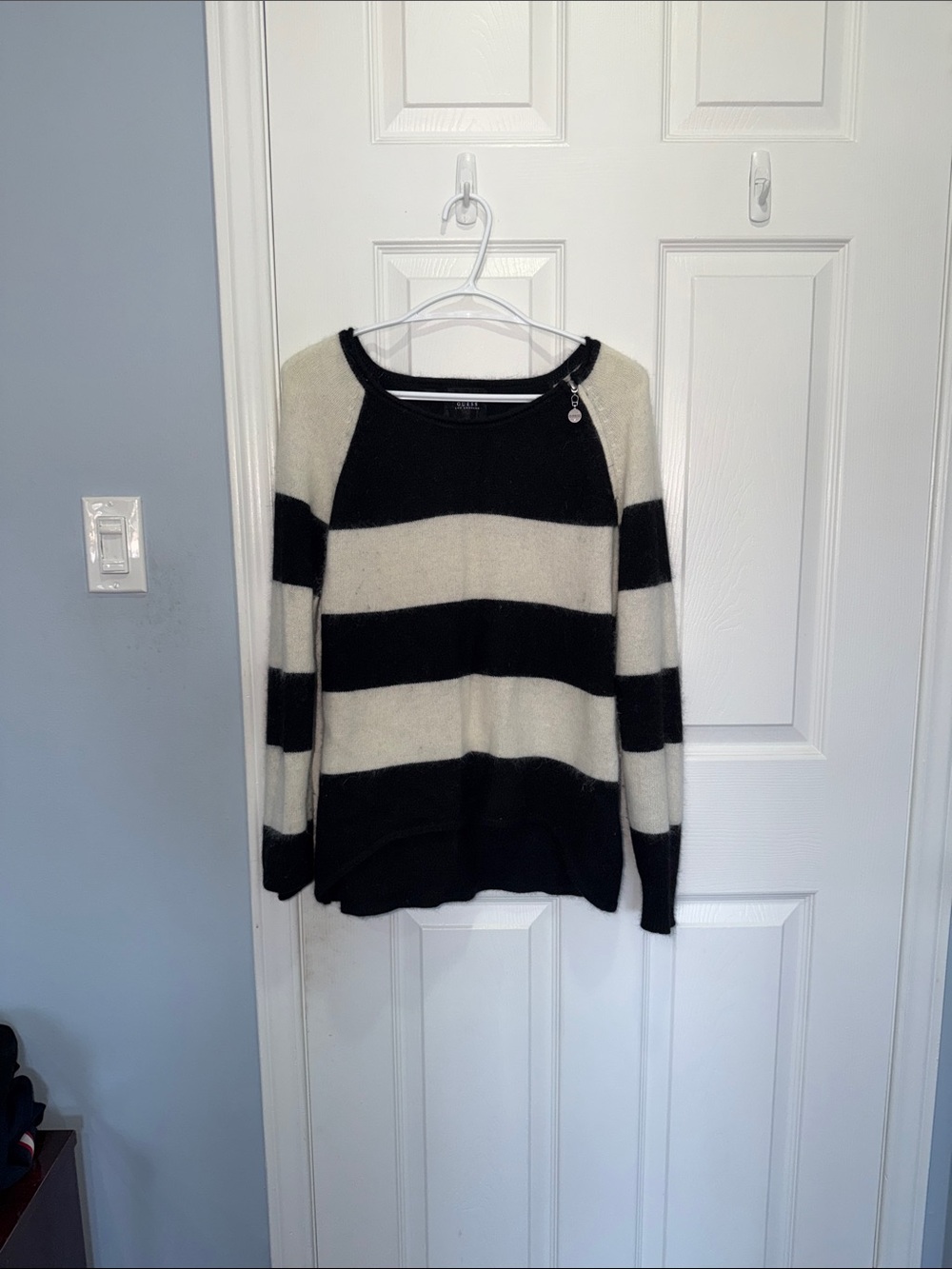 Guess Black and Cream Striped Raglan Crewneck Sweater